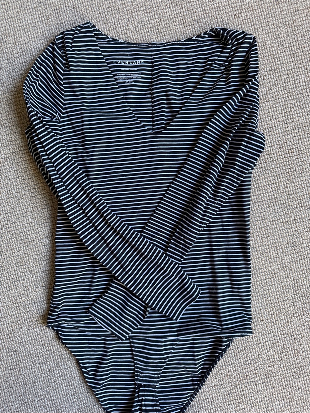 Everlane Black and White Striped V-Neck Long Sleeve Bodysuit